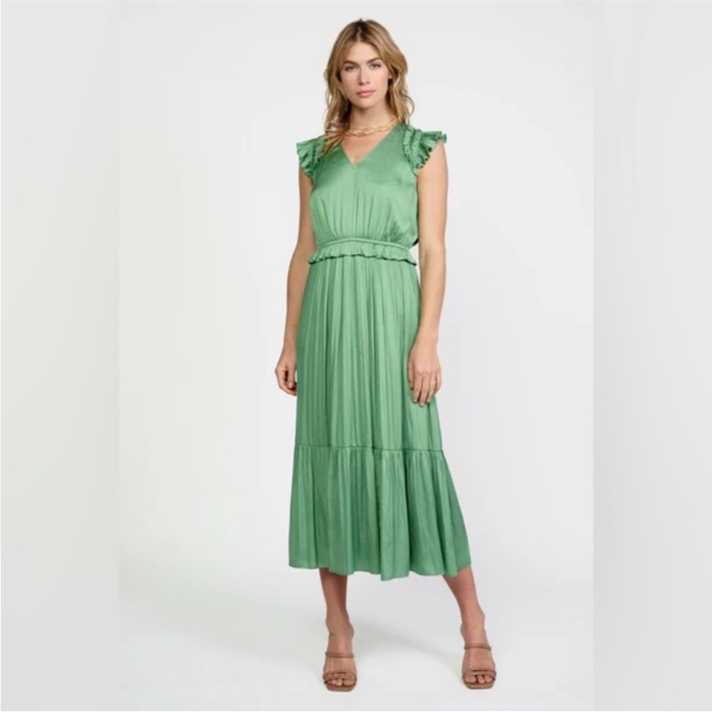 Current Air Green Midi Dress with Ruffle Sleeves